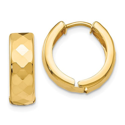14k yellow gold textured huggie hinged hoop earrings 14mm x 5mm
