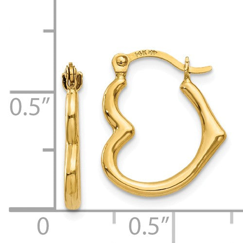 14K Yellow Gold Heart Hoop Earrings 13mm x 2mm