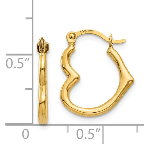 14k yellow gold heart hoop earrings 13mm x 2mm