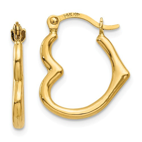 14k yellow gold heart hoop earrings 13mm x 2mm