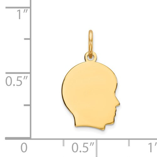 14k yellow gold 11mm boy head facing right disc pendant charm engraved personalized