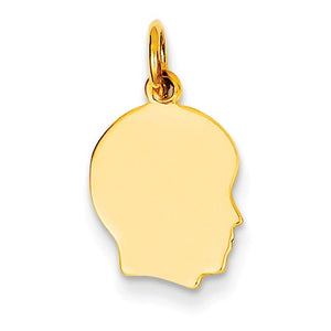 14k Yellow Gold 11mm Boy Head Facing Right Disc Pendant Charm Engraved Personalized - BringJoyCollection