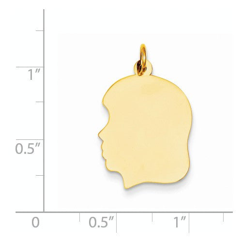 14k Yellow Gold 17mm Girl Head Silhouette Disc Pendant Charm Engraved Personalized - BringJoyCollection