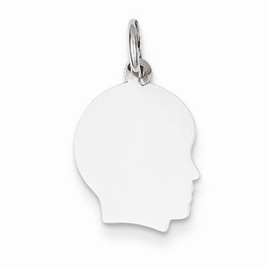 14k White Gold 11mm Boy Head Facing Right Disc Pendant Charm Engraved Personalized - BringJoyCollection