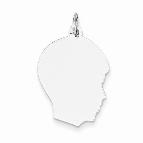 14k White Gold 17mm Boy Head Facing Right Disc Pendant Charm Engraved Personalized - BringJoyCollection