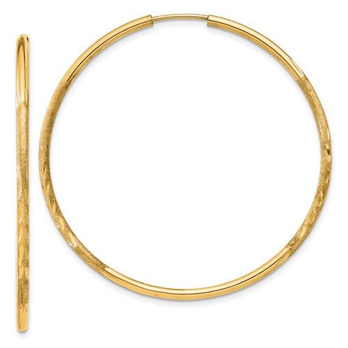 14k yellow gold satin diamond cut endless round hoop earrings 43mm x 1.5mm