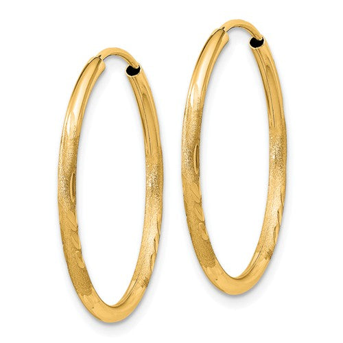 14k yellow gold satin diamond cut endless round hoop earrings 24mm x 1.5mm