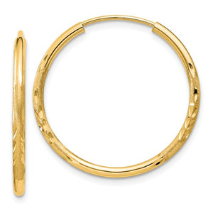 14k Yellow Gold Satin Diamond Cut Endless Round Hoop Earrings 24mm x 1.5mm - BringJoyCollection