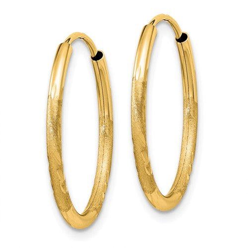 14k yellow gold satin diamond cut endless round hoop earrings 19mm x 1.5mm