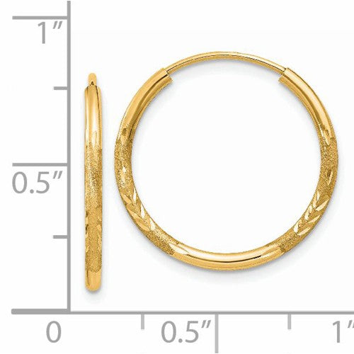 14k yellow gold satin diamond cut endless round hoop earrings 19mm x 1.5mm