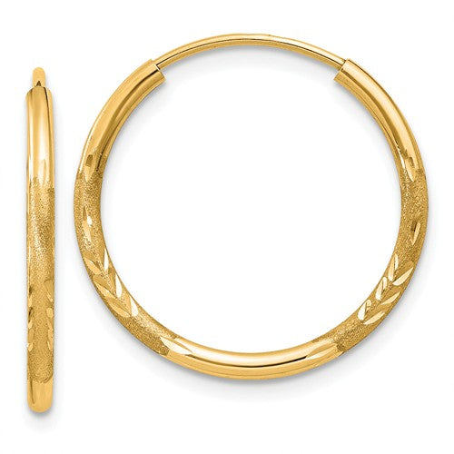 14k yellow gold satin diamond cut endless round hoop earrings 19mm x 1.5mm