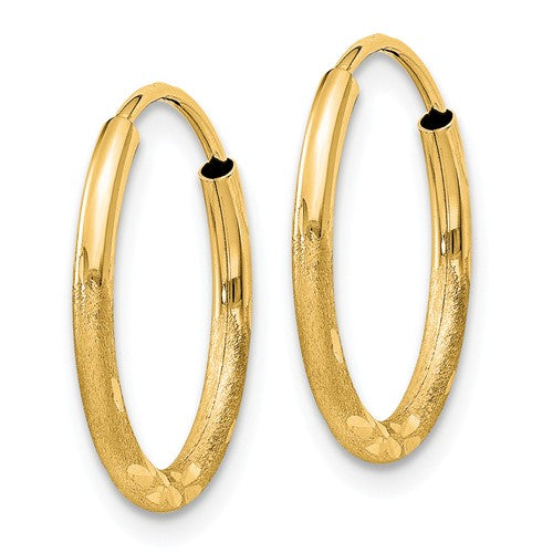 14k yellow gold satin diamond cut endless round hoop earrings 17mm x 1.5mm