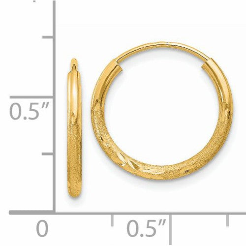14k yellow gold satin diamond cut endless round hoop earrings 17mm x 1.5mm