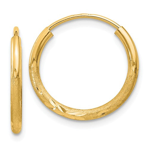 14k yellow gold satin diamond cut endless round hoop earrings 17mm x 1.5mm