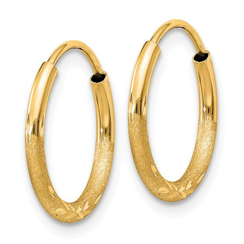 14k yellow gold satin diamond cut endless round hoop earrings 14mm x 1.5mm