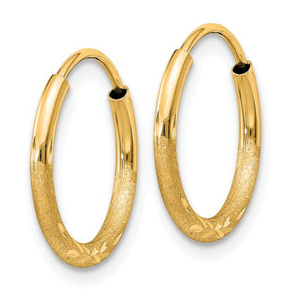 14k yellow gold satin diamond cut endless round hoop earrings 14mm x 1.5mm