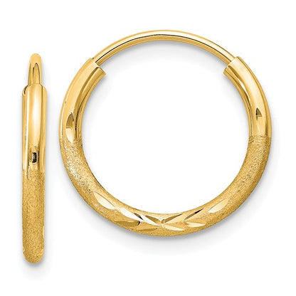 14k yellow gold satin diamond cut endless round hoop earrings 14mm x 1.5mm