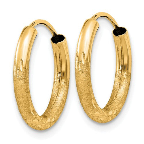 14k yellow gold satin diamond cut endless round hoop earrings 15mm x 2mm