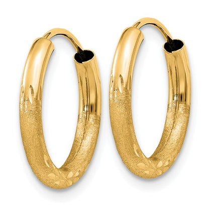 14k yellow gold satin diamond cut endless round hoop earrings 15mm x 2mm
