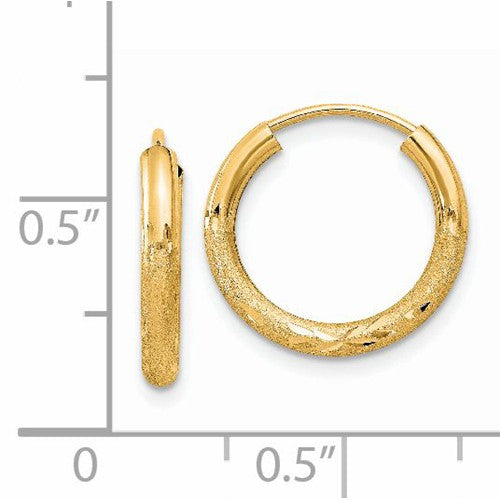 14k yellow gold satin diamond cut endless round hoop earrings 15mm x 2mm