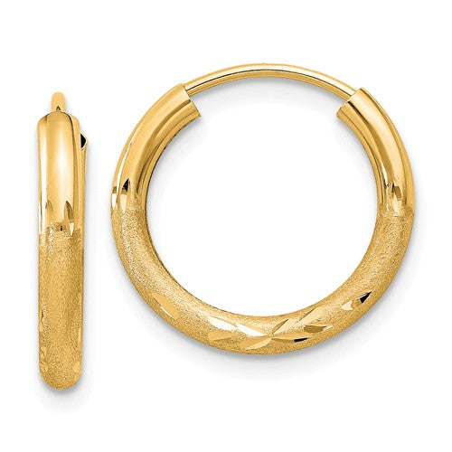14k yellow gold satin diamond cut endless round hoop earrings 15mm x 2mm