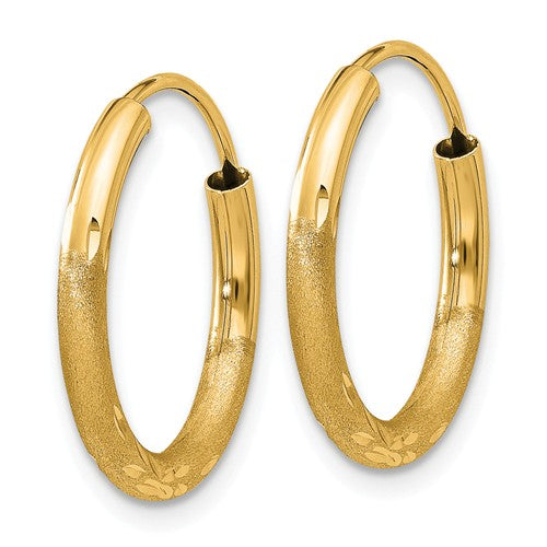 14k yellow gold satin diamond cut endless round hoop earrings 17mm x 2mm