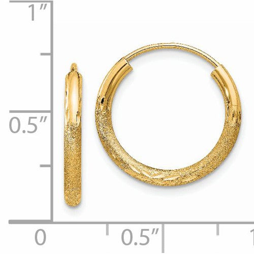 14k yellow gold satin diamond cut endless round hoop earrings 17mm x 2mm