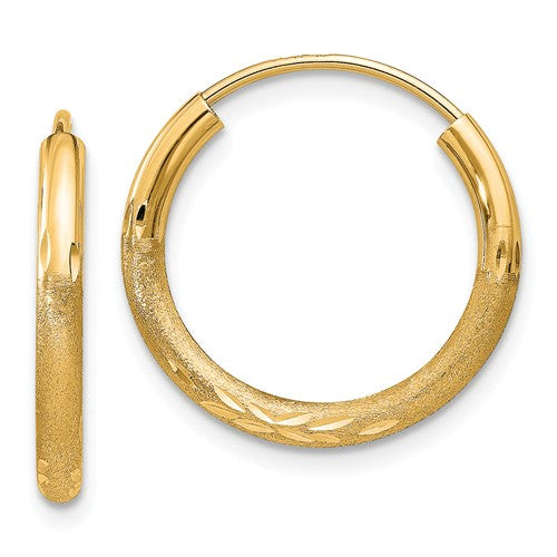 14k yellow gold satin diamond cut endless round hoop earrings 17mm x 2mm