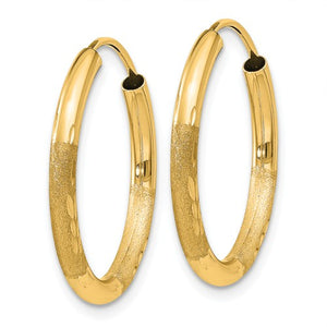 14k Yellow Gold Satin Diamond Cut Endless Round Hoop Earrings 20mm x 2mm - BringJoyCollection