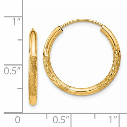14k yellow gold satin diamond cut endless round hoop earrings 20mm x 2mm