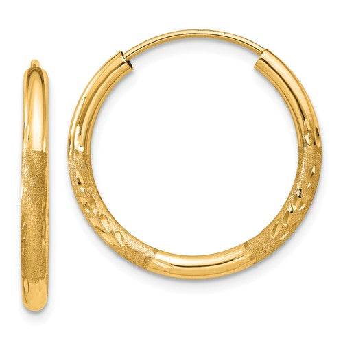 14k yellow gold satin diamond cut endless round hoop earrings 20mm x 2mm