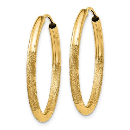 14k yellow gold satin diamond cut endless round hoop earrings 25mm x 2mm