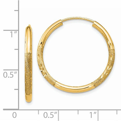 14k yellow gold satin diamond cut endless round hoop earrings 25mm x 2mm