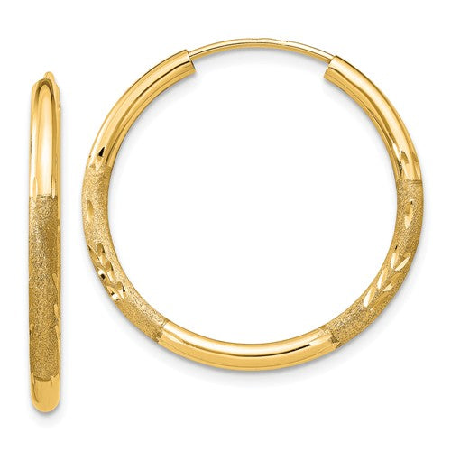 14k yellow gold satin diamond cut endless round hoop earrings 25mm x 2mm