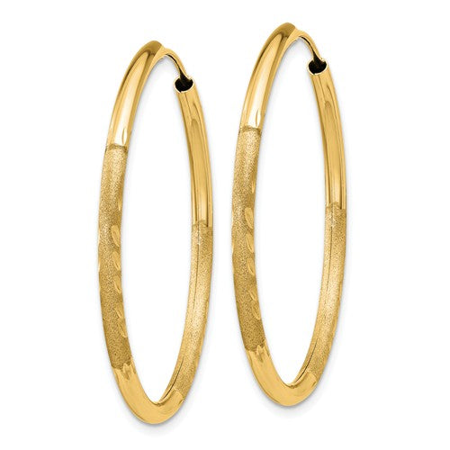 14k yellow gold satin diamond cut endless round hoop earrings 35mm x 2mm