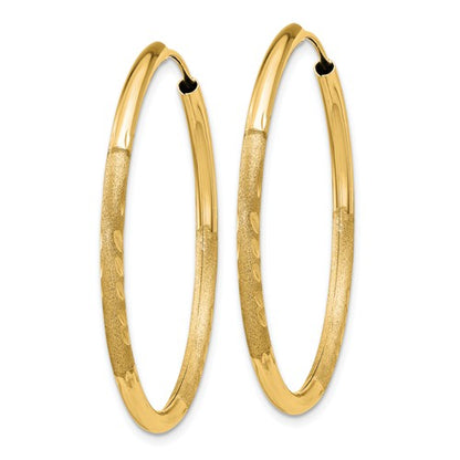 14k yellow gold satin diamond cut endless round hoop earrings 35mm x 2mm