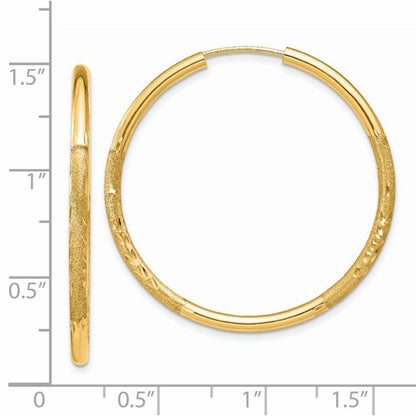 14k yellow gold satin diamond cut endless round hoop earrings 35mm x 2mm