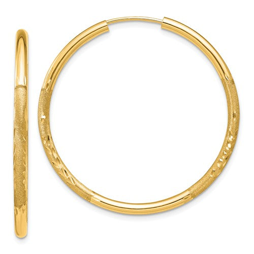 14k yellow gold satin diamond cut endless round hoop earrings 35mm x 2mm
