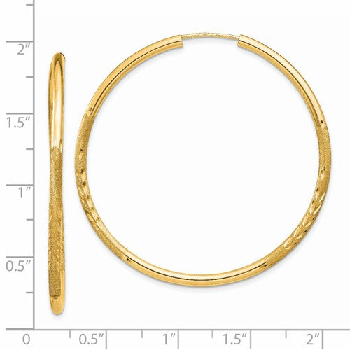 14k yellow gold satin diamond cut endless round hoop earrings 44mm x 2mm