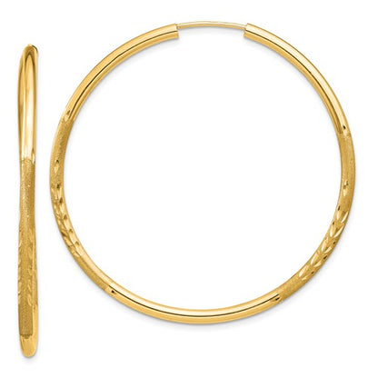 14k yellow gold satin diamond cut endless round hoop earrings 44mm x 2mm