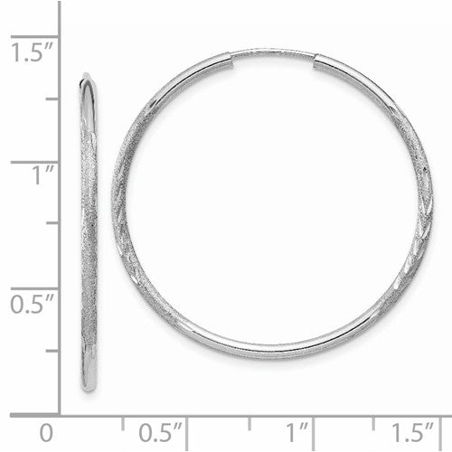 14k White Gold Satin Diamond Cut Endless Round Hoop Earrings 31mm x 1.5mm