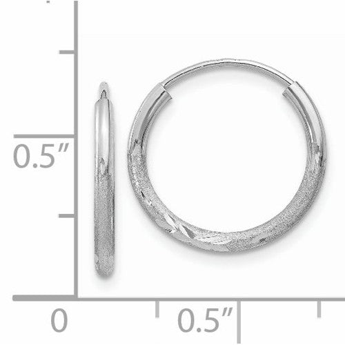 14k White Gold Satin Diamond Cut Endless Round Hoop Earrings 15mm x 1.5mm