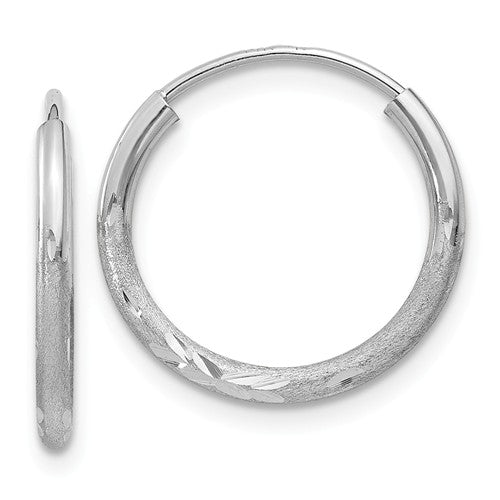 14k White Gold Satin Diamond Cut Endless Round Hoop Earrings 15mm x 1.5mm