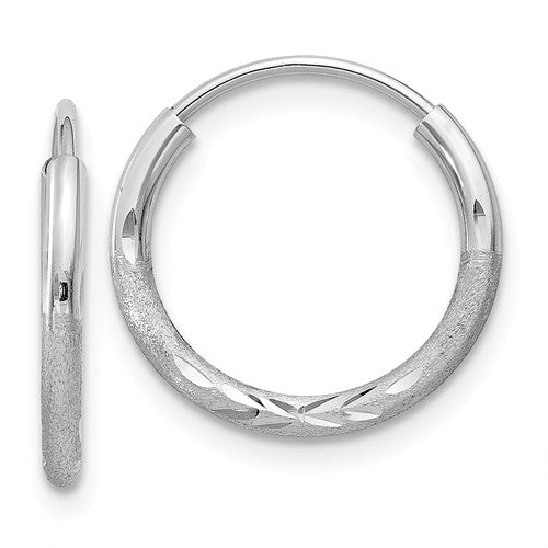14k white gold satin diamond cut endless round hoop earrings 12mm x 1.5mm