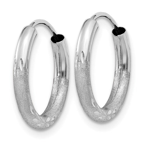 14k White Gold Satin Diamond Cut Endless Round Hoop Earrings 14mm x 2mm