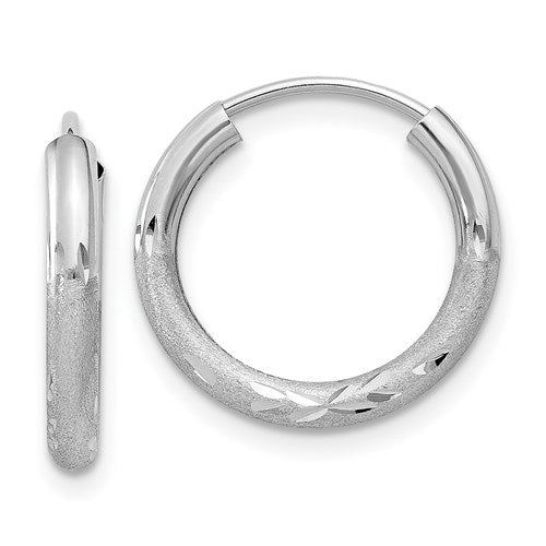 14k white gold satin diamond cut endless round hoop earrings 14mm x 2mm