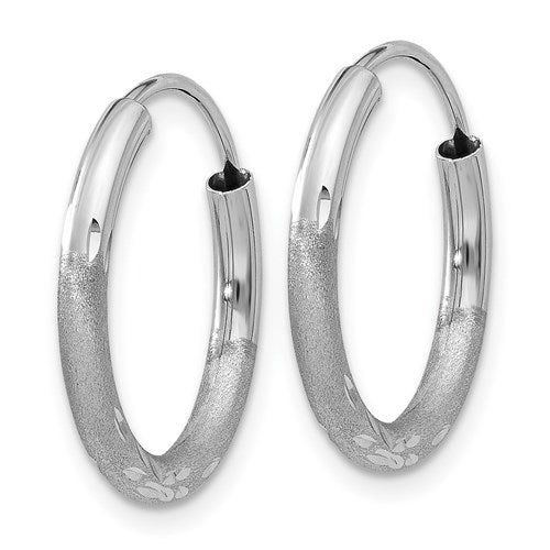 14k White Gold Satin Diamond Cut Endless Round Hoop Earrings 16mm x 2mm