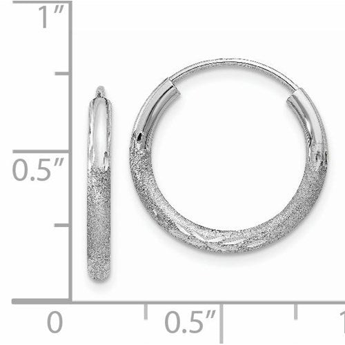 14k White Gold Satin Diamond Cut Endless Round Hoop Earrings 16mm x 2mm