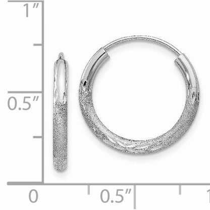 14k white gold satin diamond cut endless round hoop earrings 16mm x 2mm