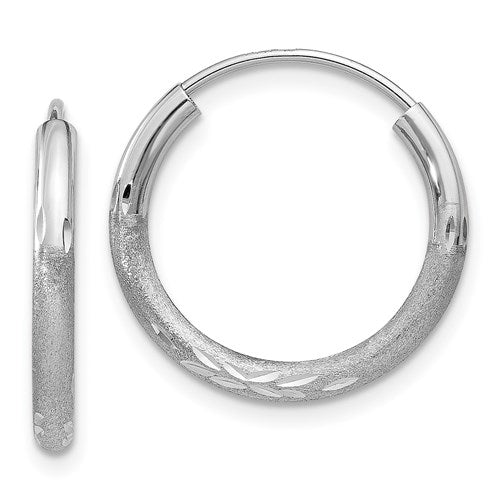 14k white gold satin diamond cut endless round hoop earrings 16mm x 2mm